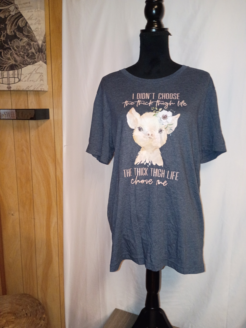Jerzees Heather Navy Graphic Tee with Pastel Pig Print
